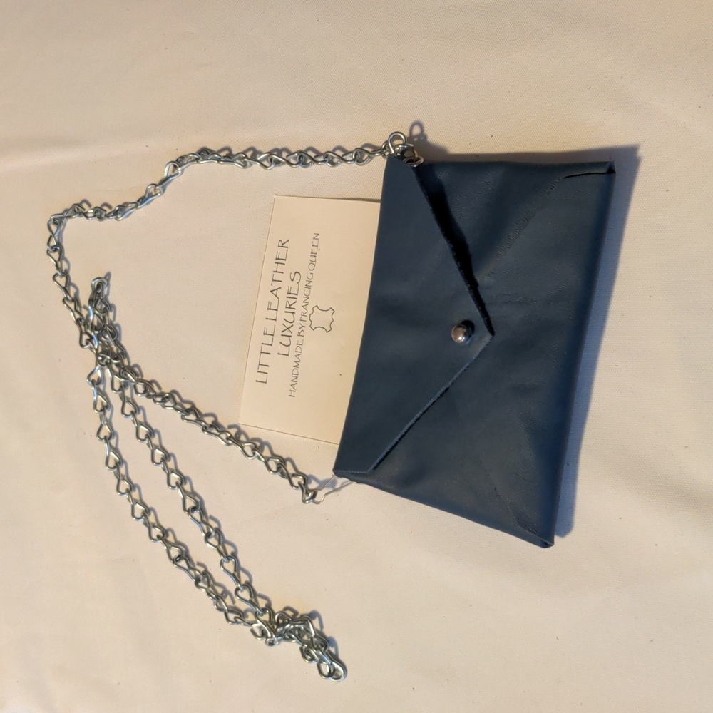 Handmade Genuine Leather Envelope Pouch Blue With Removable 32" Chain